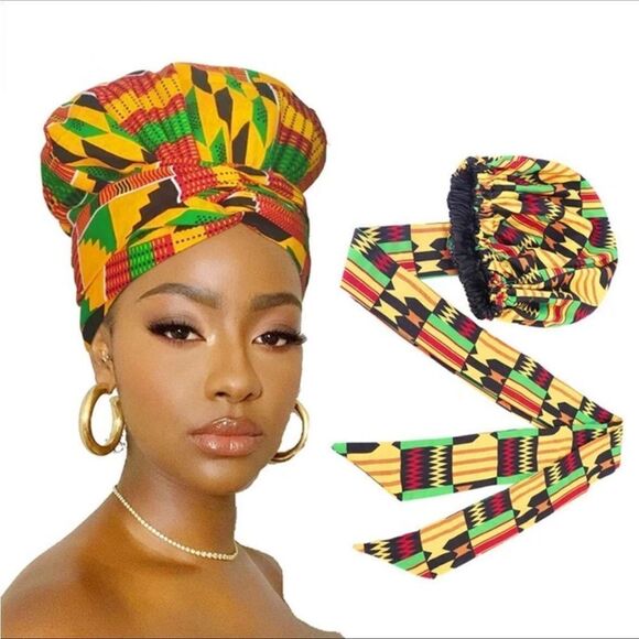 African Print Satin Bonnet With Long Ribbon Wrap - Picture 1 of 10